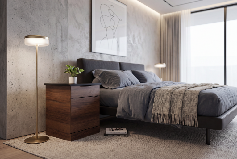 Bed frame and nightstand designed and built by Hostetler Custom Cabinetry