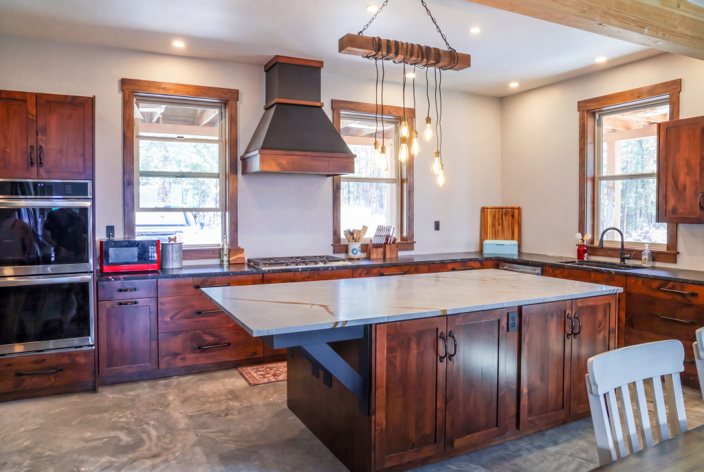 Kitchen cabinets with large center island.